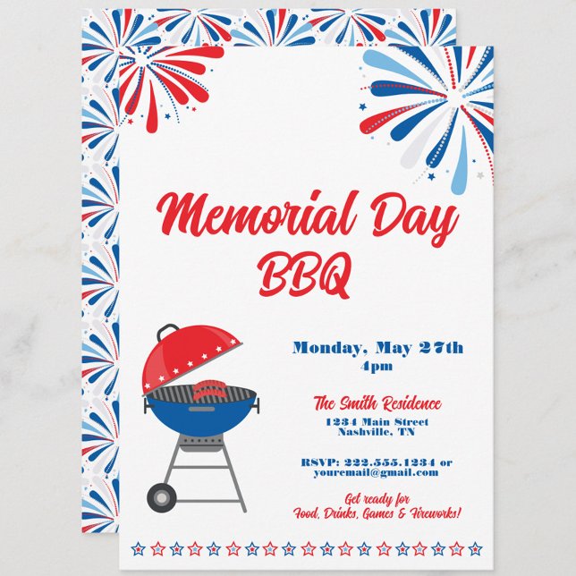 Gedenktag Party GRILLEN Patriotic Red White Blue Einladung (Memorial Day BBQ Party Invitation, MDW Cookout Invite, Patriotic Summer Barbecue Party)