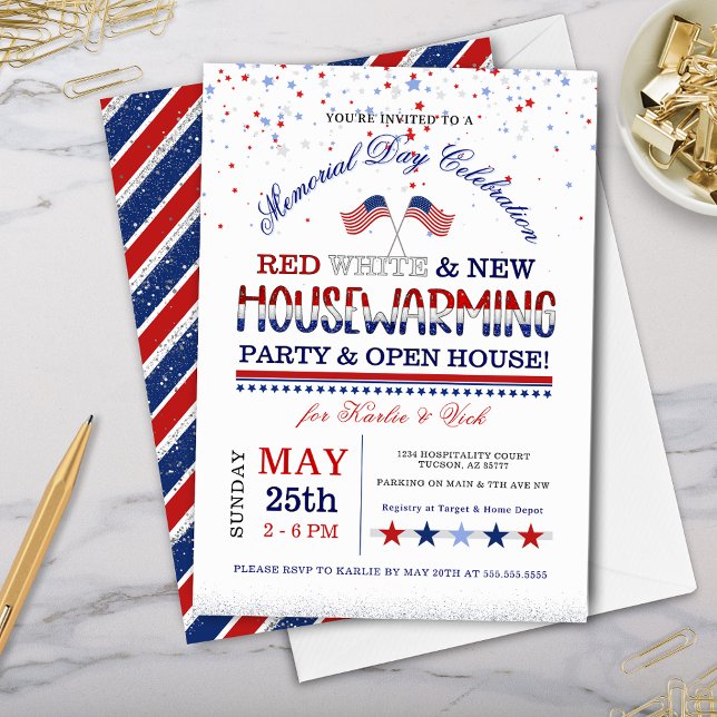 Gedenktag Rotes Weißes neues Party Einladung (memorial day housewarming party invitations with patriotic red white and blue new house inivtes)