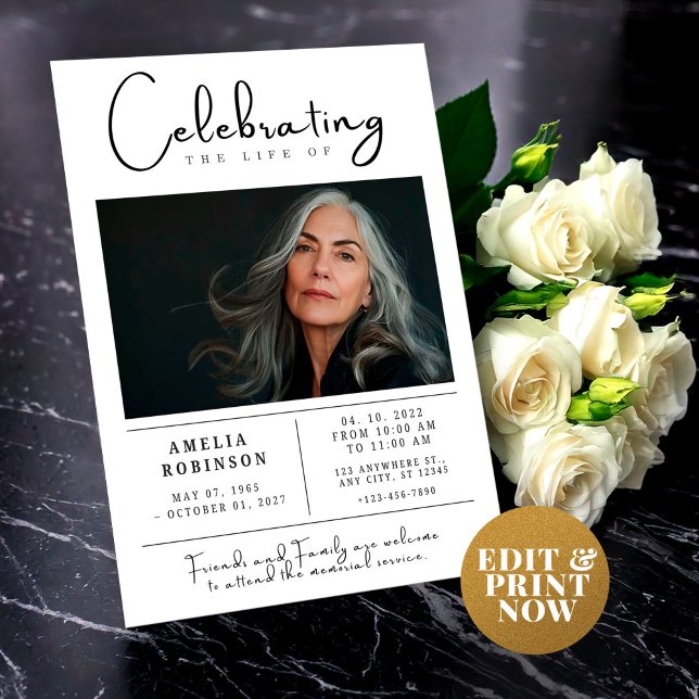 Gedenkveranstaltung zur Beerdigung mit Foto Einladung (Celebration of Life Card Template Memorial Flyer Minimalist Funeral Announcement Invitation Editable)