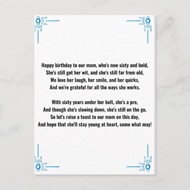 Gedicht der Sonne für die 60. Frau Postkarte (Vorderseite)