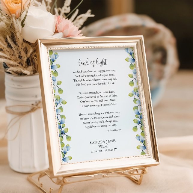 Gedicht "Land of Light Funeral Memorial Poster" Poster (Poem Poster for funeral decor / memorial keepsake framed with greenery by Darling & May)