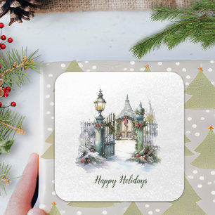 Gedicht Nordic Winter Green Red Snow Weihnachtsfes Quadratischer Aufkleber