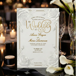 Gedruckte geprägte weiße Rose Faux-Gold-Hochzeit Einladung