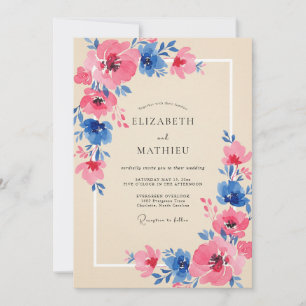 Gedrückte Kobalt-Magenta-Blüten-Hochzeit Einladung