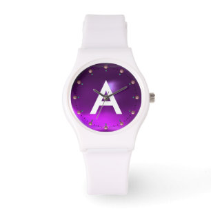 GEDRUCKTE LILA AMETHYST-EDELSTEIN-MONOGRAMM ARMBANDUHR