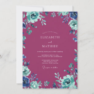 Gedrückte Magenta Türkis Gemalte Hochzeit Einladung