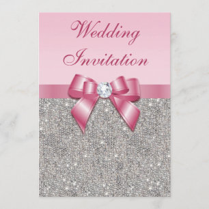Gedruckte Silberreihen und rosa Bow-Hochzeit Einladung