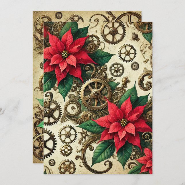 Gedruckte Steampunk-Cogs und -Gears mit Poinsettia Einladung (Vorne/Hinten)