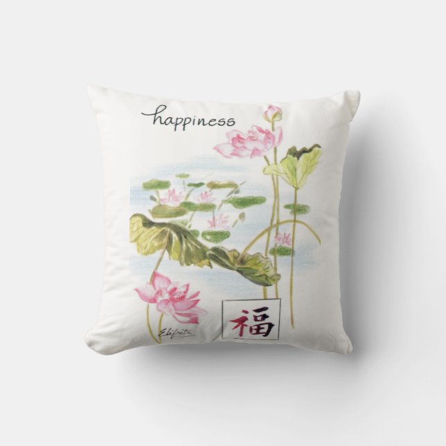 Gedruckter Single Wort Glück mit Wasser-Lilien Kissen (Vorderseite)