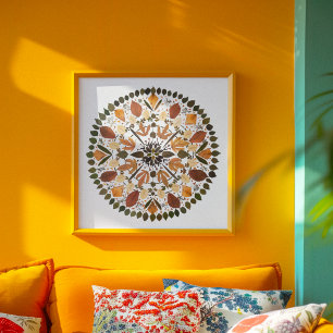 Gedrücktes Blumenmandala l Herbstliche botanische Poster