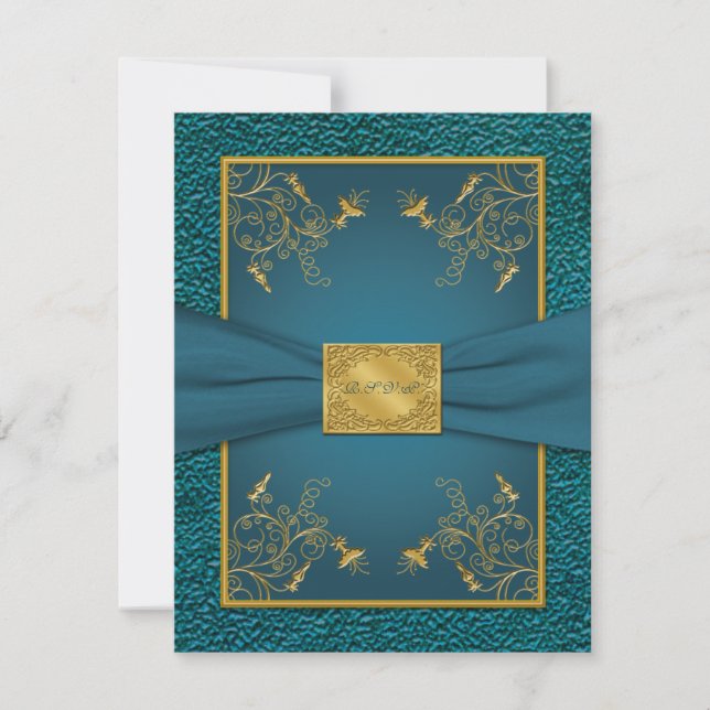 GEDRUCKTES RIBBON-Gold, Aquamarine RSVP-Karte RSVP Karte (Vorderseite)