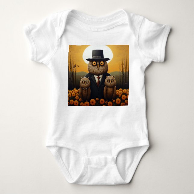 Geeignete Eule und Nachkommen in einem Orangen Zwe Baby Strampler (Vorderseite)