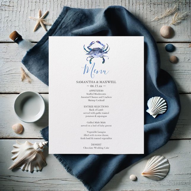 Geeignetes Hochzeitsprogramm für Beach (Blue crab printed menu watercolor art by Victoria Grigaliunas Do Tell A Belle)