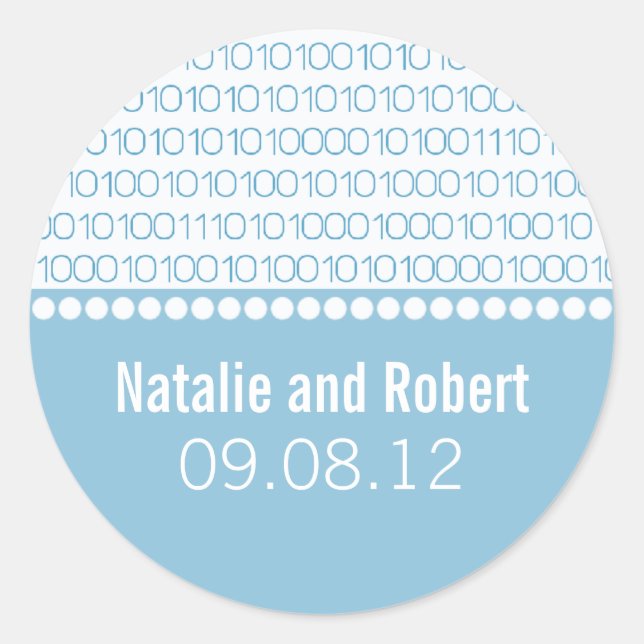 Geek Chic Binary Code Wedding Stickers, Blue Runder Aufkleber (Vorderseite)