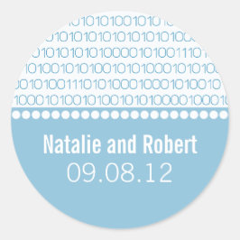 Geek Chic Binary Code Wedding Stickers, Blue Runder Aufkleber