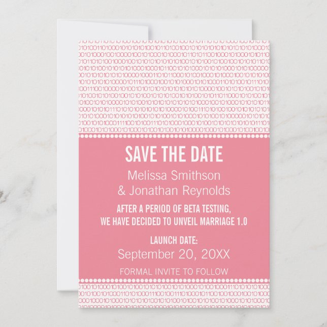 Geek Chic Binary Save the Date einladen, Pink (Vorderseite)