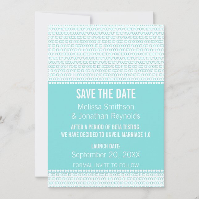 Geek Chic Binary Save the Date Invite, Aqua (Vorderseite)