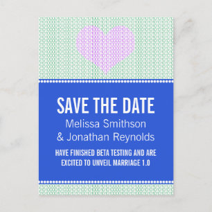 Geek Chic Save the Date Postcard, Blue w/Heart v4 Ankündigungspostkarte
