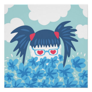 Geek Girl mit blauem Haar und Blume Poster