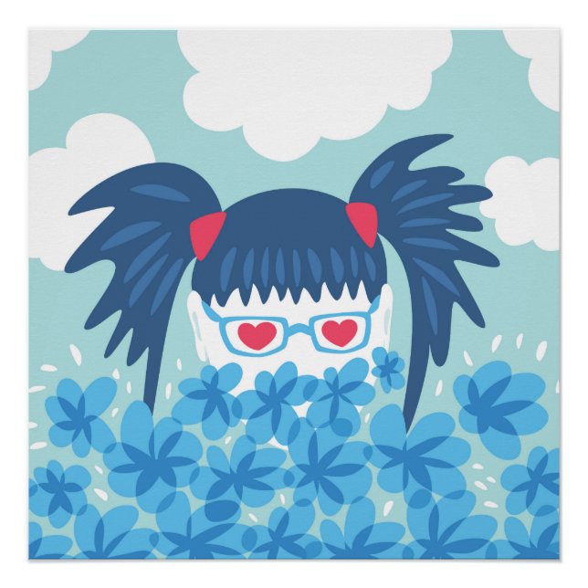 Geek Girl mit blauem Haar und Blume Poster (Vorderseite)