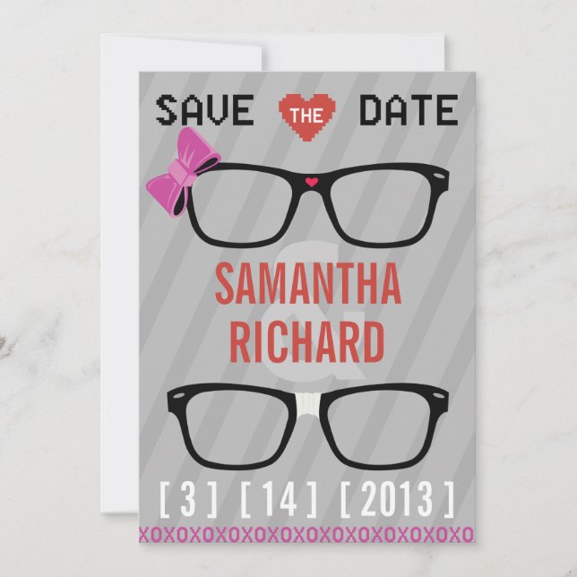 Geek Glasses & Hearts Wedding Save the Date (Vorderseite)