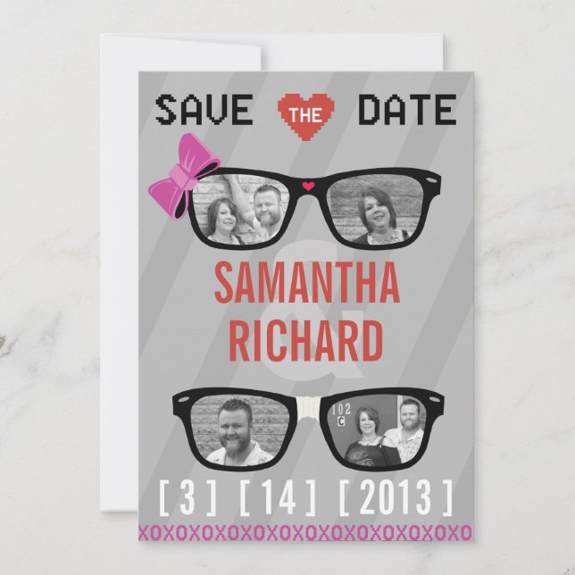Geek Glasses & Hearts Wedding Save the Date (Vorderseite)