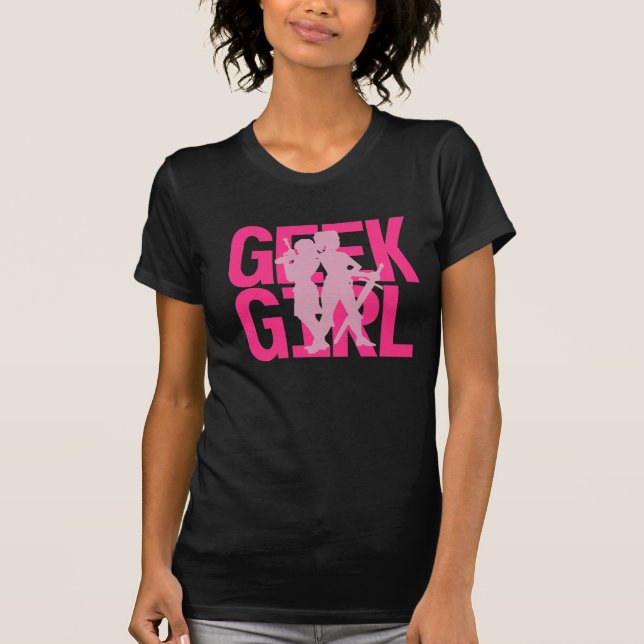 Geek-Mädchen-Rosa auf schwarzem T-Shirt (Vorderseite)