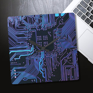 Geek Out Nerd PCB Blue Electronic Circuit Board Quadratische Wanduhr