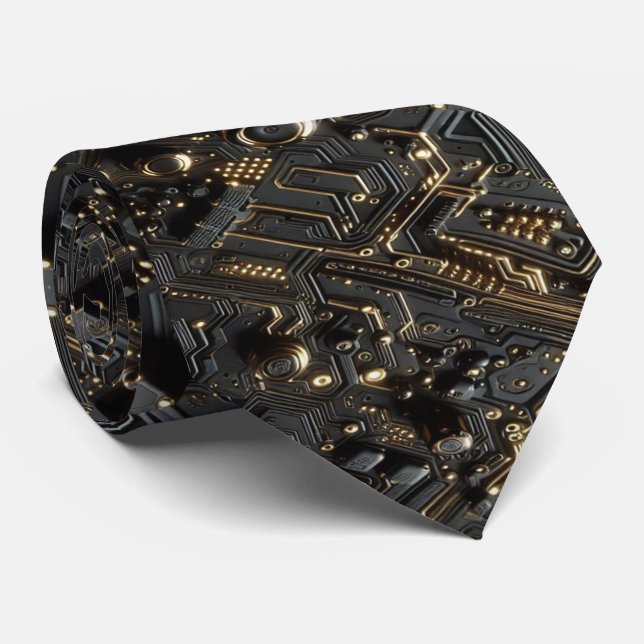 Geeky Black and Gold Circuit Computer Board Krawatte (Gerollt)