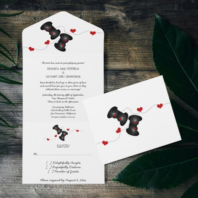 Geeky Gamers All in One Wedite Einladung | Dunkel (Geeky Gamers All in One Wedding Invite | Dark)