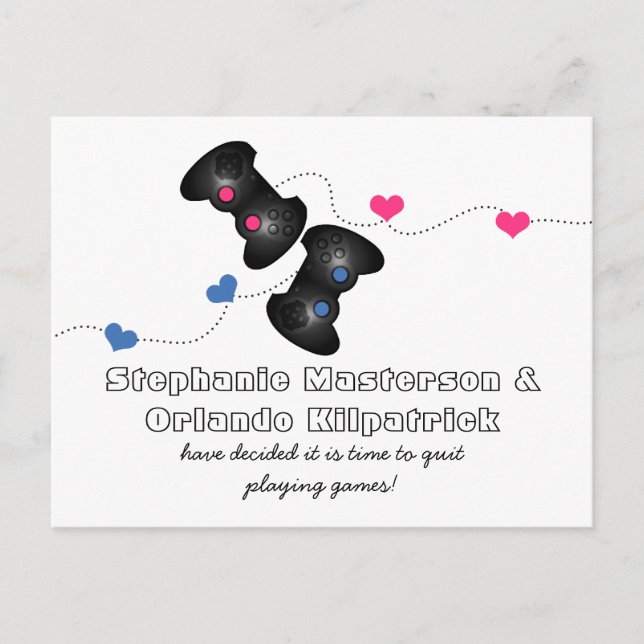 Geeky Gamers Save the Date Postcard Dark Blue Pink Ankündigungspostkarte (Vorderseite)