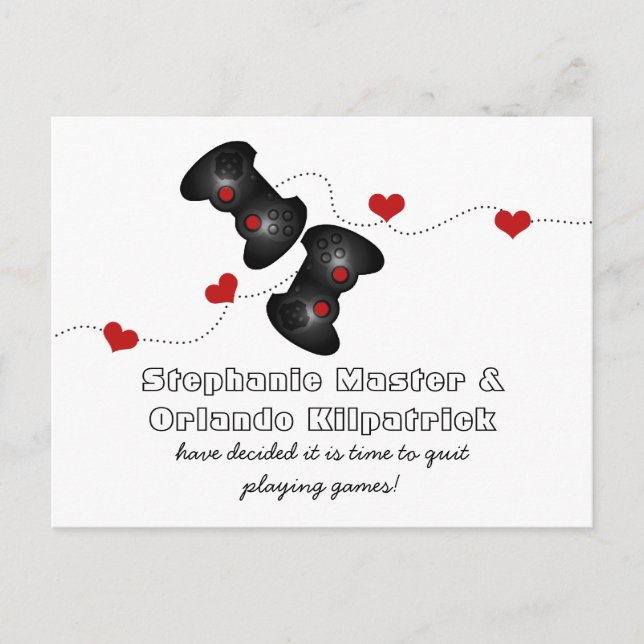 Geeky Gamers Save the Date Postcard, Dunkel Ankündigungspostkarte (Vorderseite)