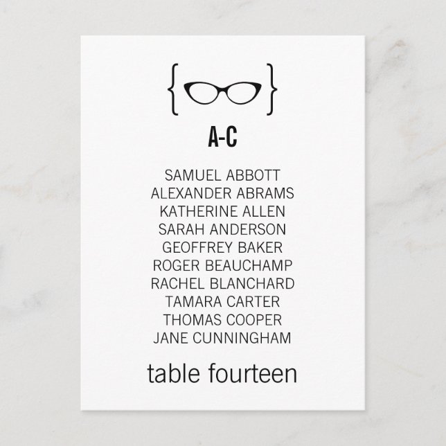 Geeky Glasses Seating Chart Postcard v2 Postkarte (Vorderseite)