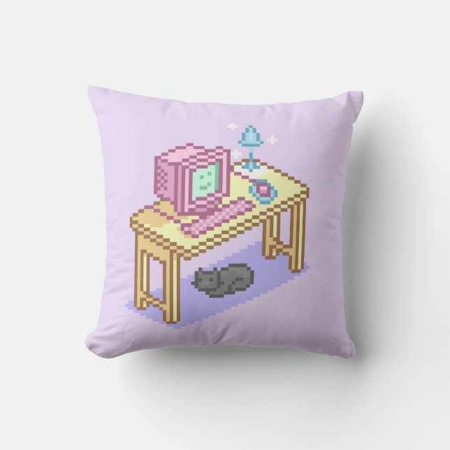 Geeky Pastel Pink Yellow Pixel Art Computer Kissen (Vorderseite)