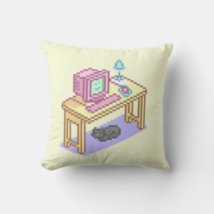 Geeky Pastel Pink Yellow Pixel Art Computer Kissen