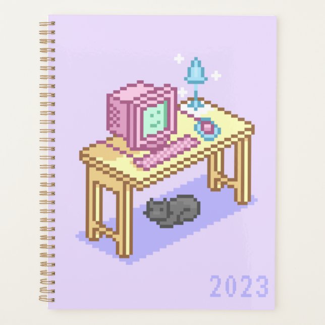 Geeky Pastel Pink Yellow Pixel Art Computer Planer (Vorderseite)