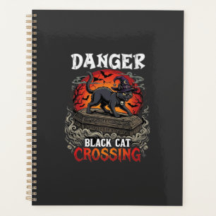 Gefahr Schwarze Katze überquert Halloween Hexenhut Planer
