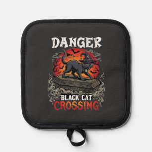 Gefahr Schwarze Katze überquert Halloween Hexenhut Topflappen
