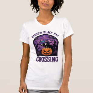Gefahr Schwarze Katze überquert Halloween Kürbis H T-Shirt