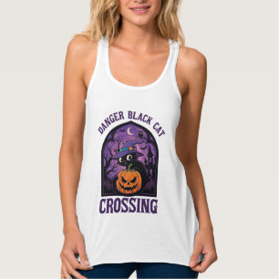 Gefahr Schwarze Katze überquert Halloween Kürbis H Tank Top