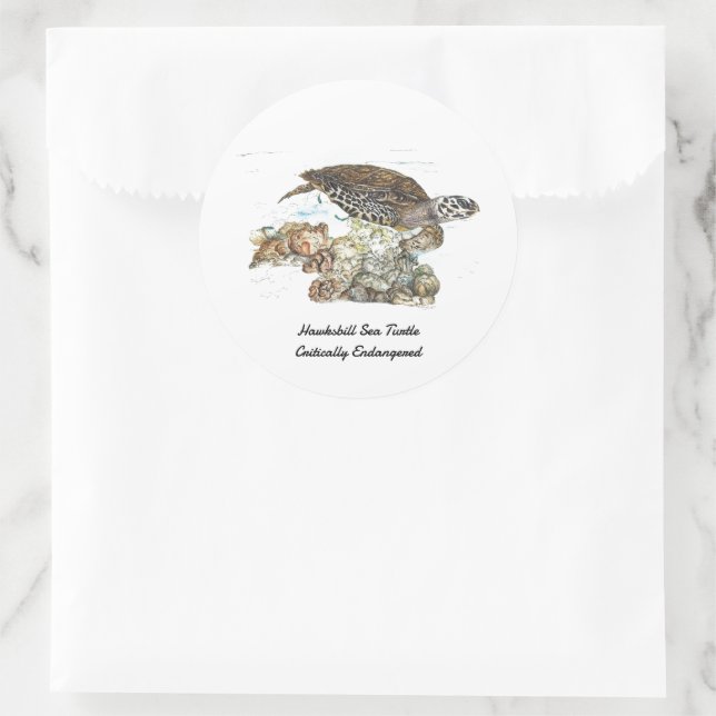Gefährdete handbemalte Hawksbill-Schildkröte Runder Aufkleber (Tasche)