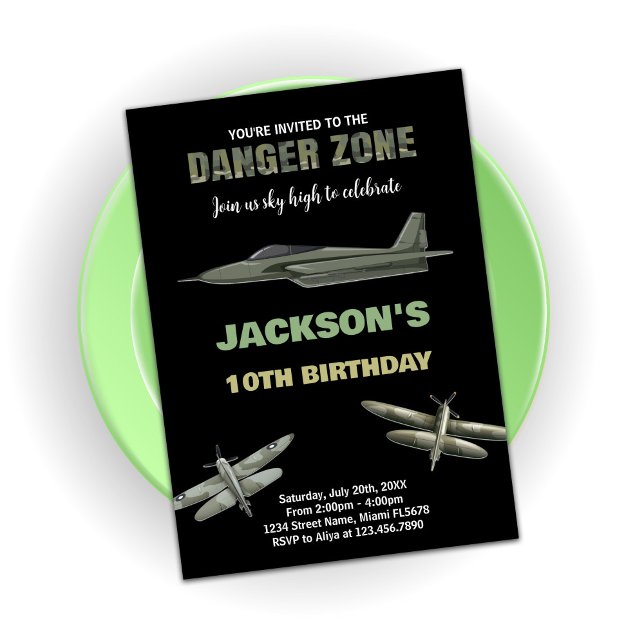 Gefahrenzone Kampfjet Geburtstagseinladungen 10. Einladung (Danger Zone Fighter Jet Birthday Invitations 10th)