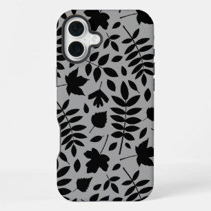 Gefallene Blätter Lg Muster Schwarz auf Grau iPhone 16 Plus Hülle