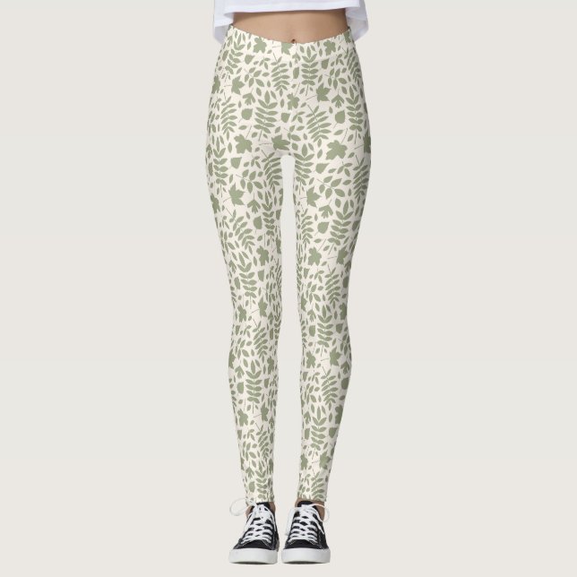 Gefallene Blätter Muster grün auf Creme Leggings (Vorderseite)