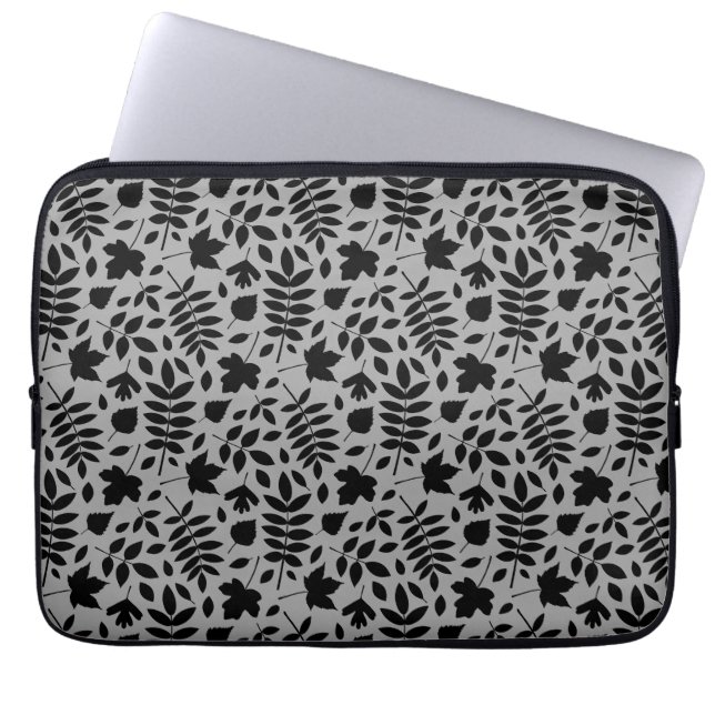 Gefallene Blätter Rpt Pattern Schwarz auf Grau Laptopschutzhülle (Vorderseite)