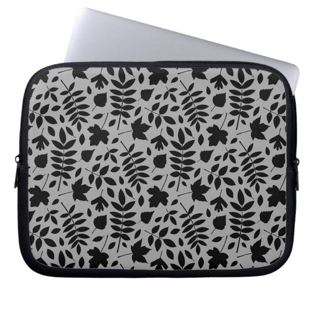 Gefallene Blätter Rpt Pattern Schwarz auf Grau Laptopschutzhülle (Vorderseite)