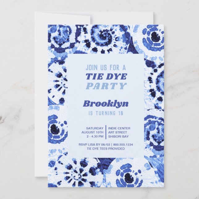 Gefärbte Krawatte Birthday Party Blue Shibori Einladung (Vorderseite)