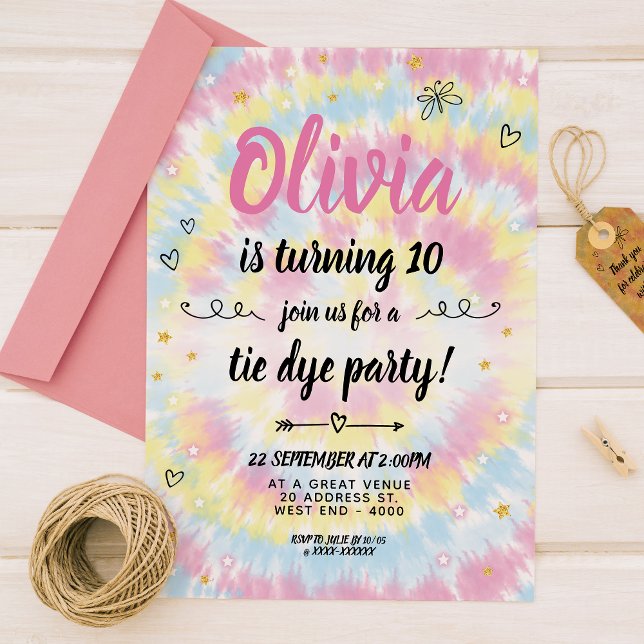 Gefärbte Krawatte Geburtstagspartei Einladung (Experience the groovy colored patterns of tie dye with this  bright tie dye birthday invitation!)