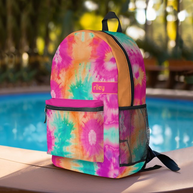 Gefärbte Krawatte Muster Hot Pink Orange Aquamarin Bedruckter Rucksack (Personalized Backpack with tie dye pattern plus custom name)