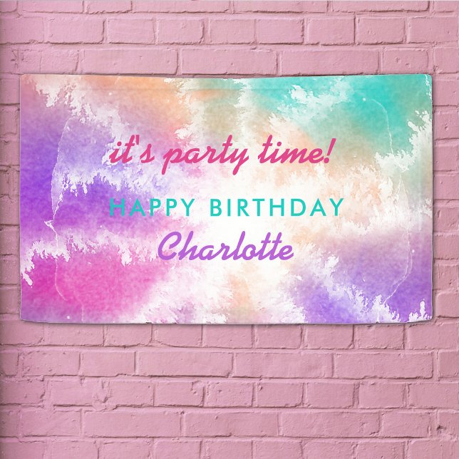 Gefärbte Krawatte Pastell Rosa Orange Aquamarin Li Banner (Tie Dye Pastel Pink Orange Teal Purple Birthday Banner)